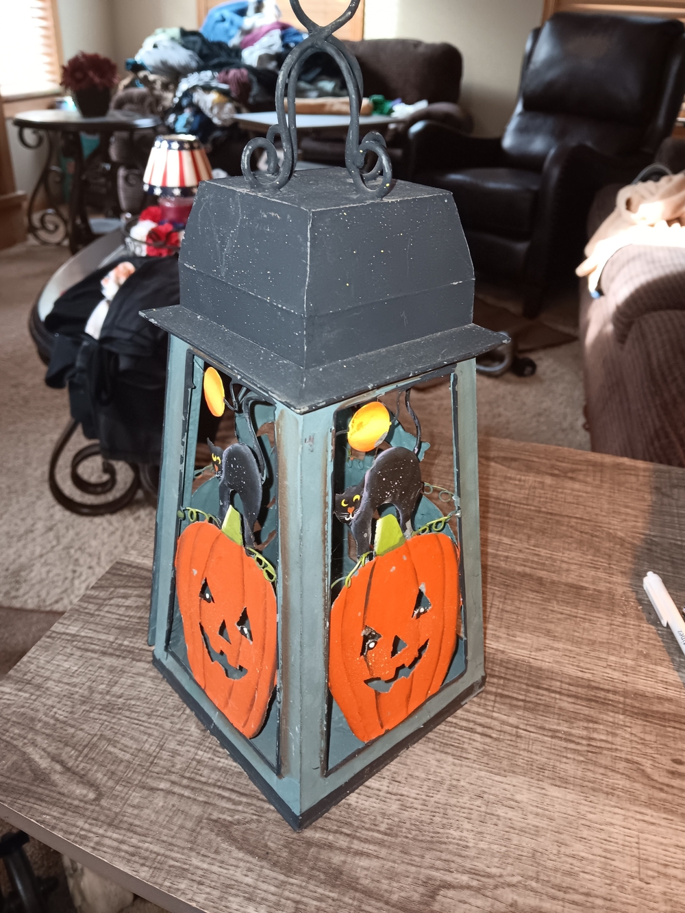 Black and Orange Pumpkin Lantern with Black Cat Accents
